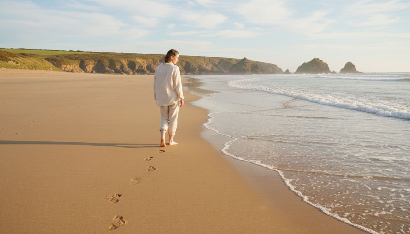 Person walks barefoot on sandy Cornwall beach at low tide, gentle waves and distant cliffs visible.