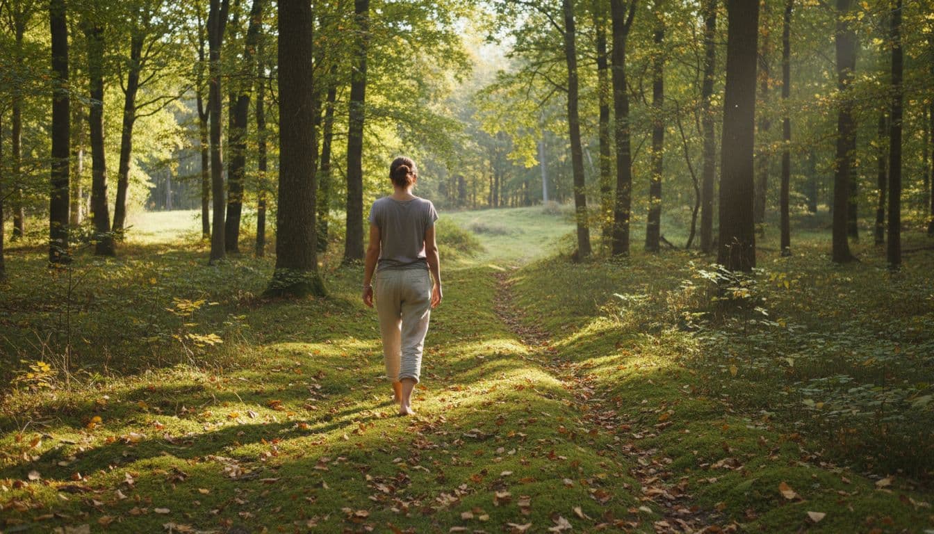 Person walking barefoot on mossy forest path, viewed from behind with sunlight through trees.