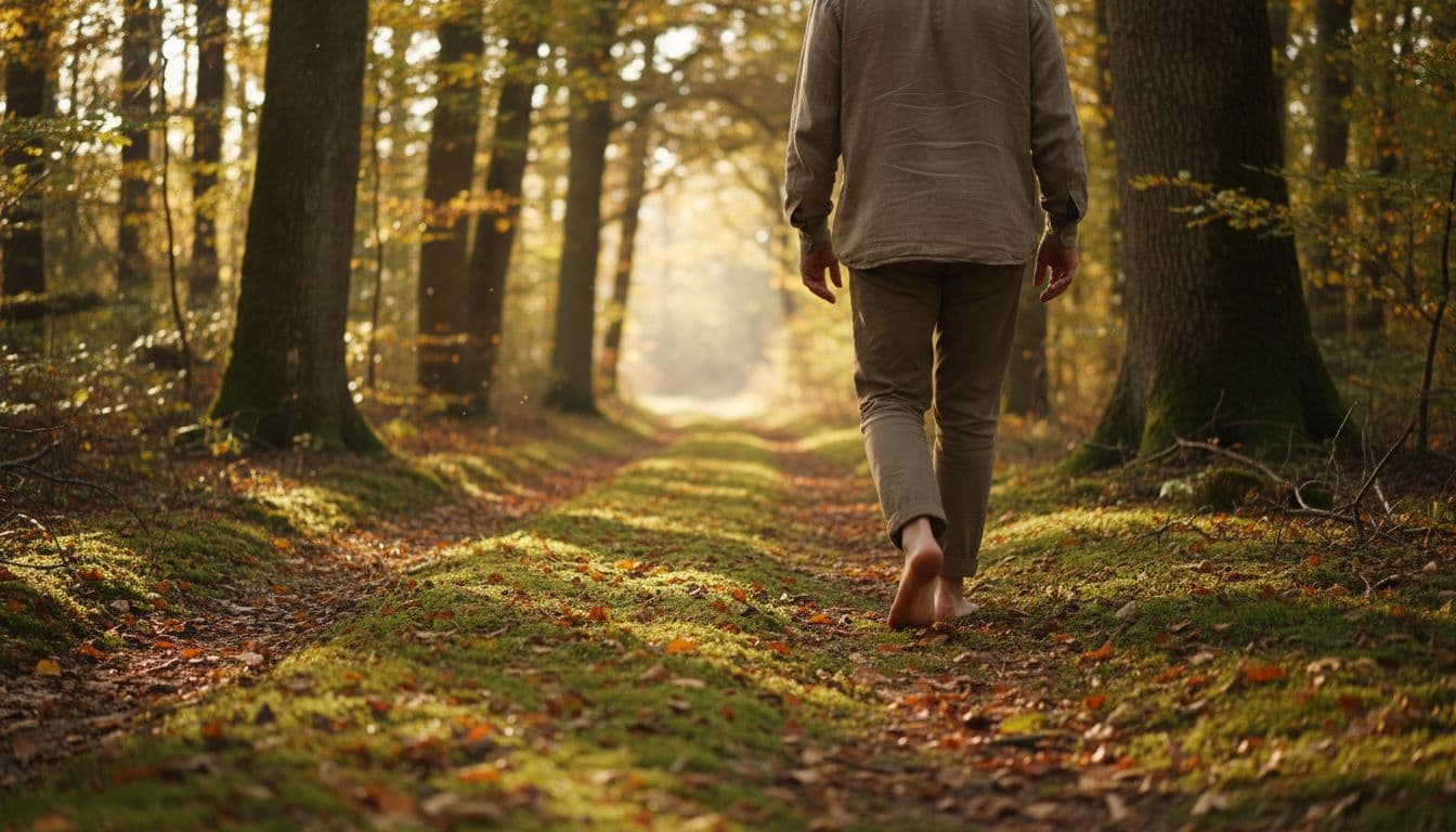 Solitary person walks barefoot from behind on moss-leaves-dirt path amid tall trees and dappled sunlight.