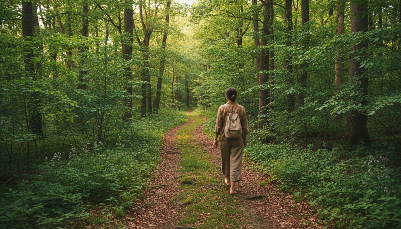 Person walks barefoot away on leafy path through dense green Slovenian woods with dappled sunlight.
