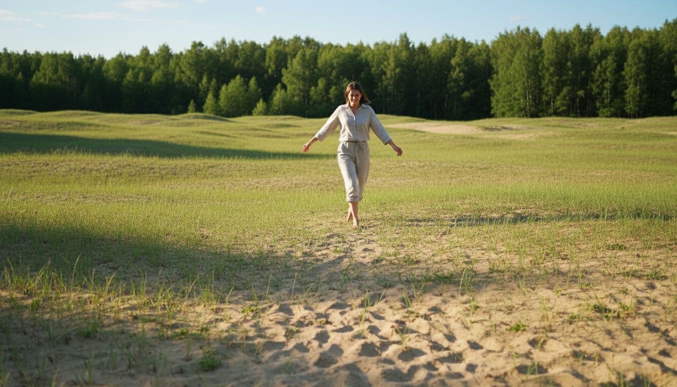 Person walks barefoot on grass and sand in sunny meadow near forest.