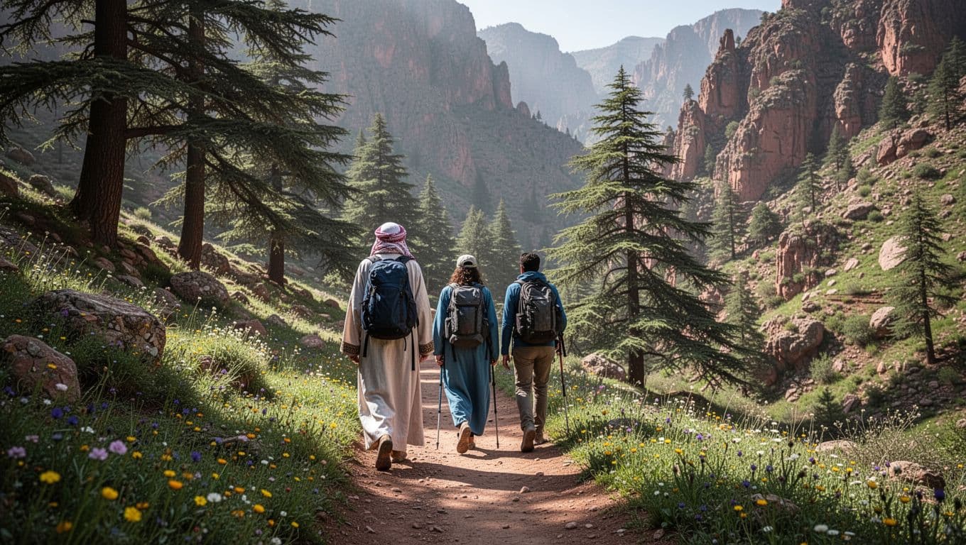 Berber guide in djellaba leads two hikers on narrow trail through High Atlas valley with cedars, cliffs, and wildflowers.