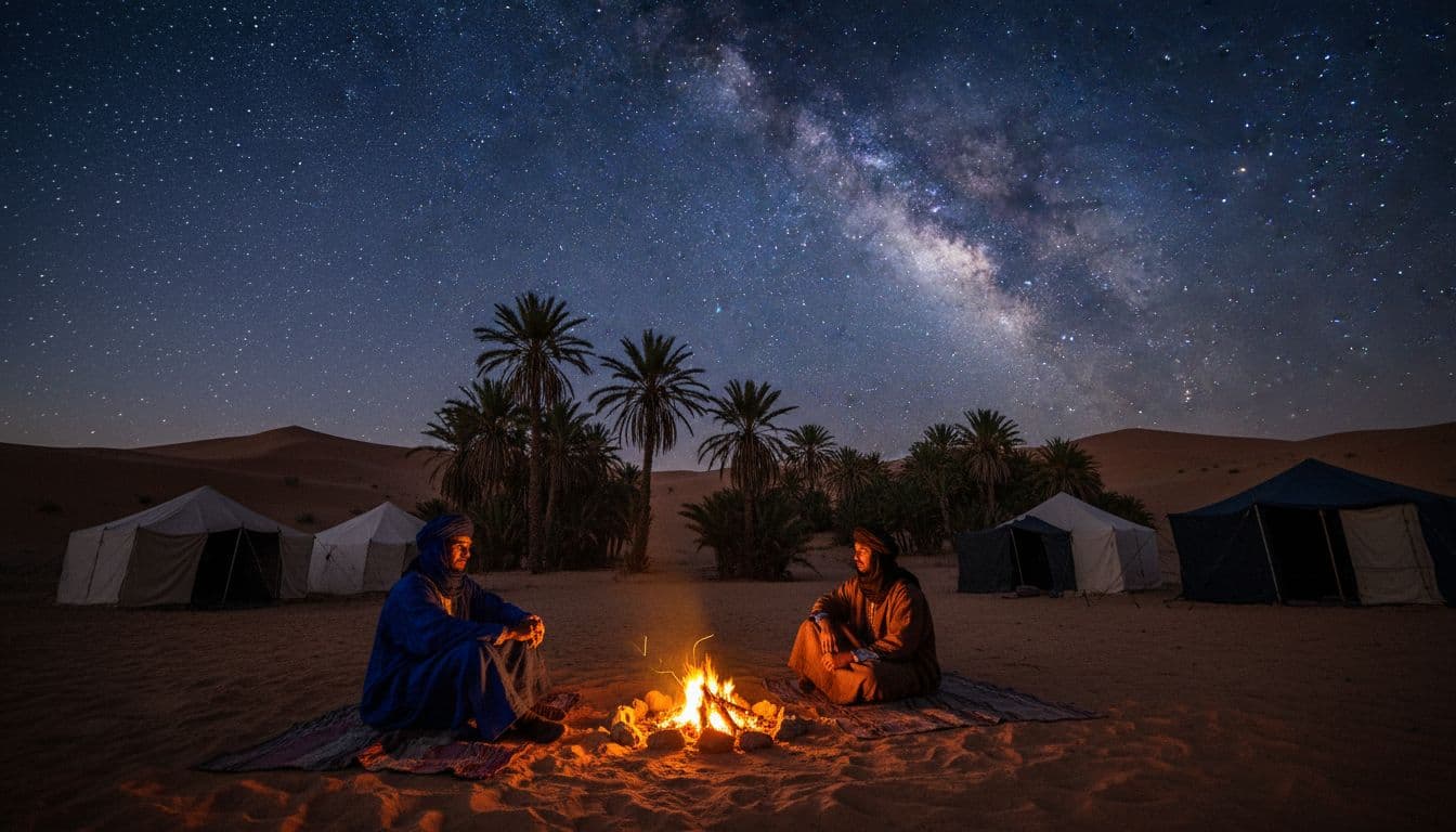 Two robed Berber nomads sit relaxed around evening fire in Moroccan desert oasis under starry sky.