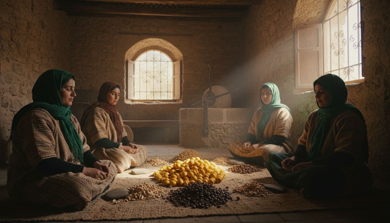 Four Berber women in traditional attire hand-crack argan nuts on the ground at a Moroccan cooperative, with fruit piles nearby and stone mill behind.