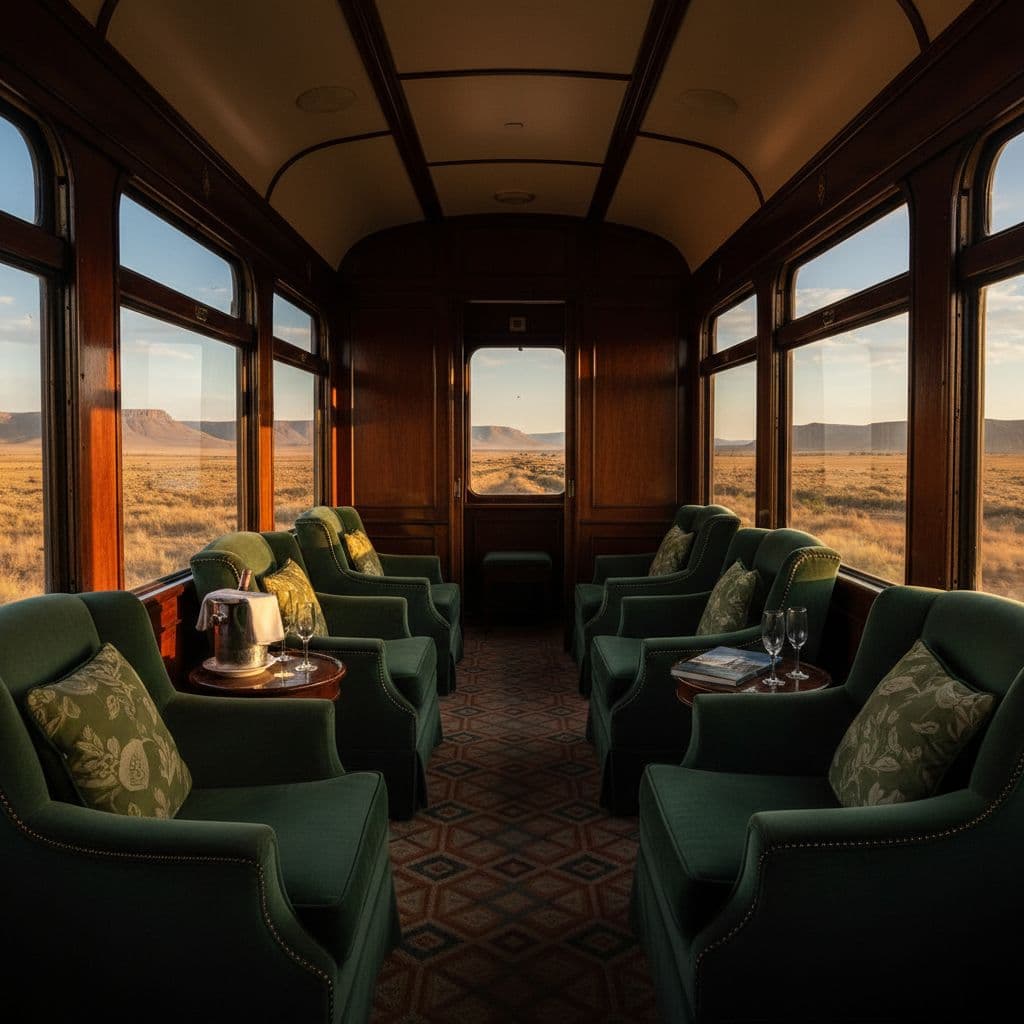 Plush chairs inside a luxury train carriage overlook the sunlit plains of the South African Karoo.