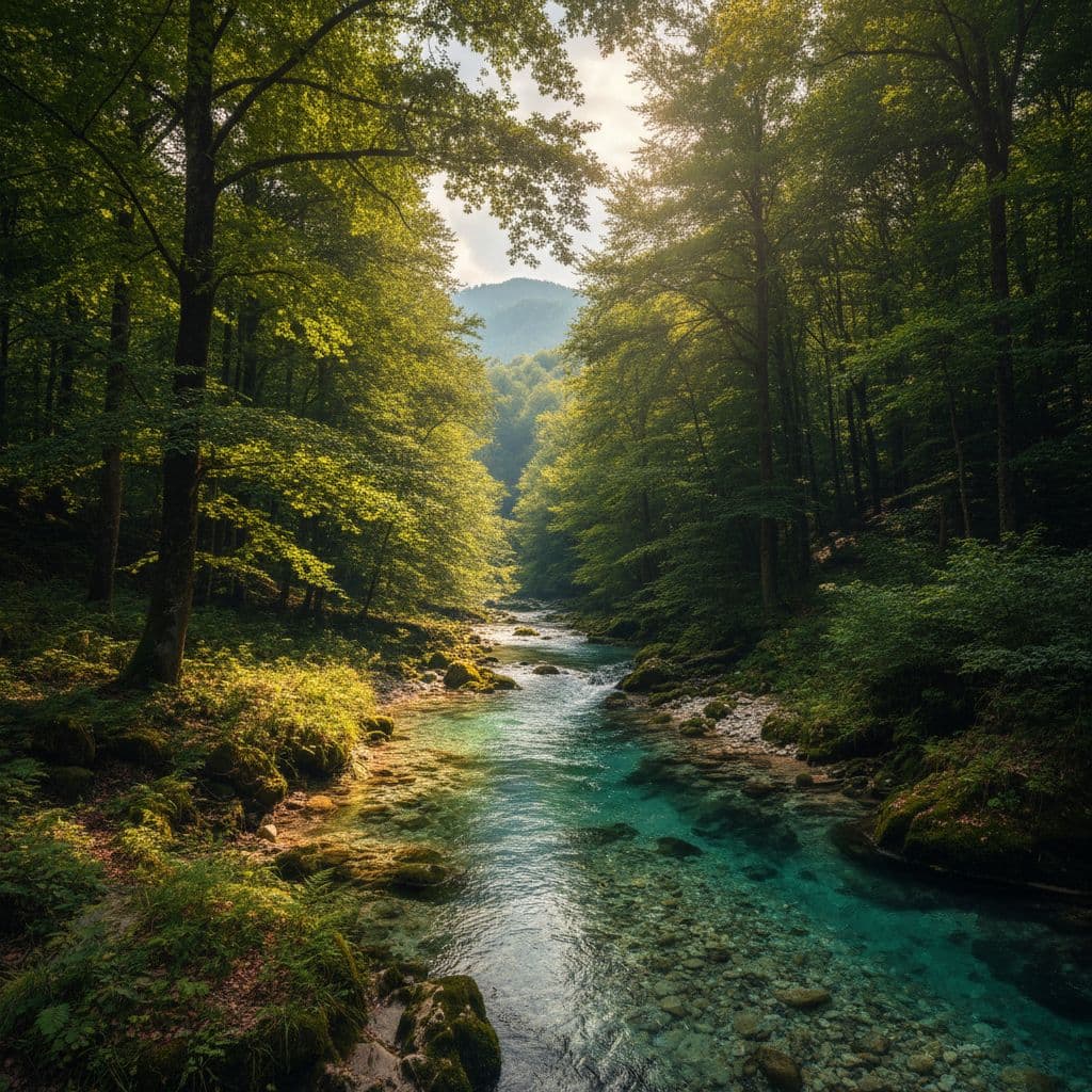 Turquoise river flows through lush green forest in Bosnia and Herzegovina, sunlight dappling the water.