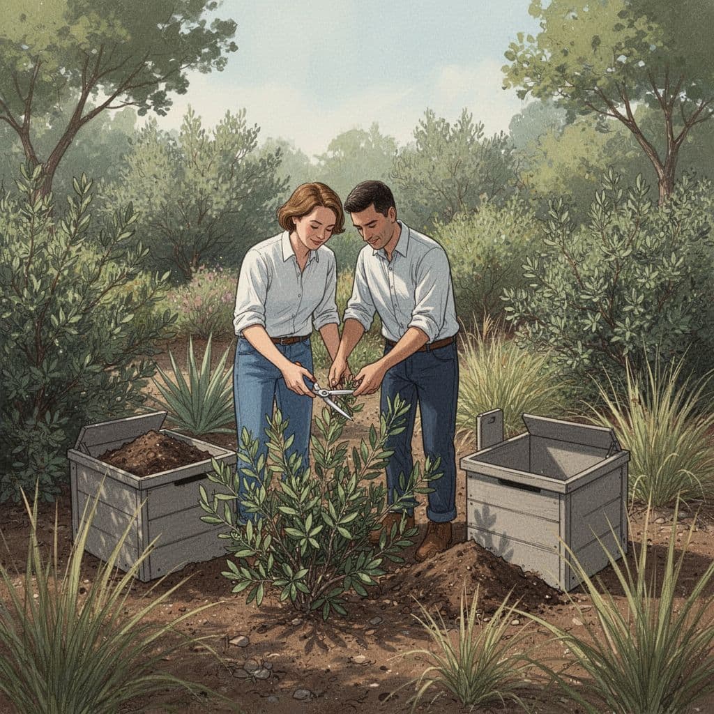 A hotel owner maintains a native plant garden with compost bins in a calm outdoor setting.