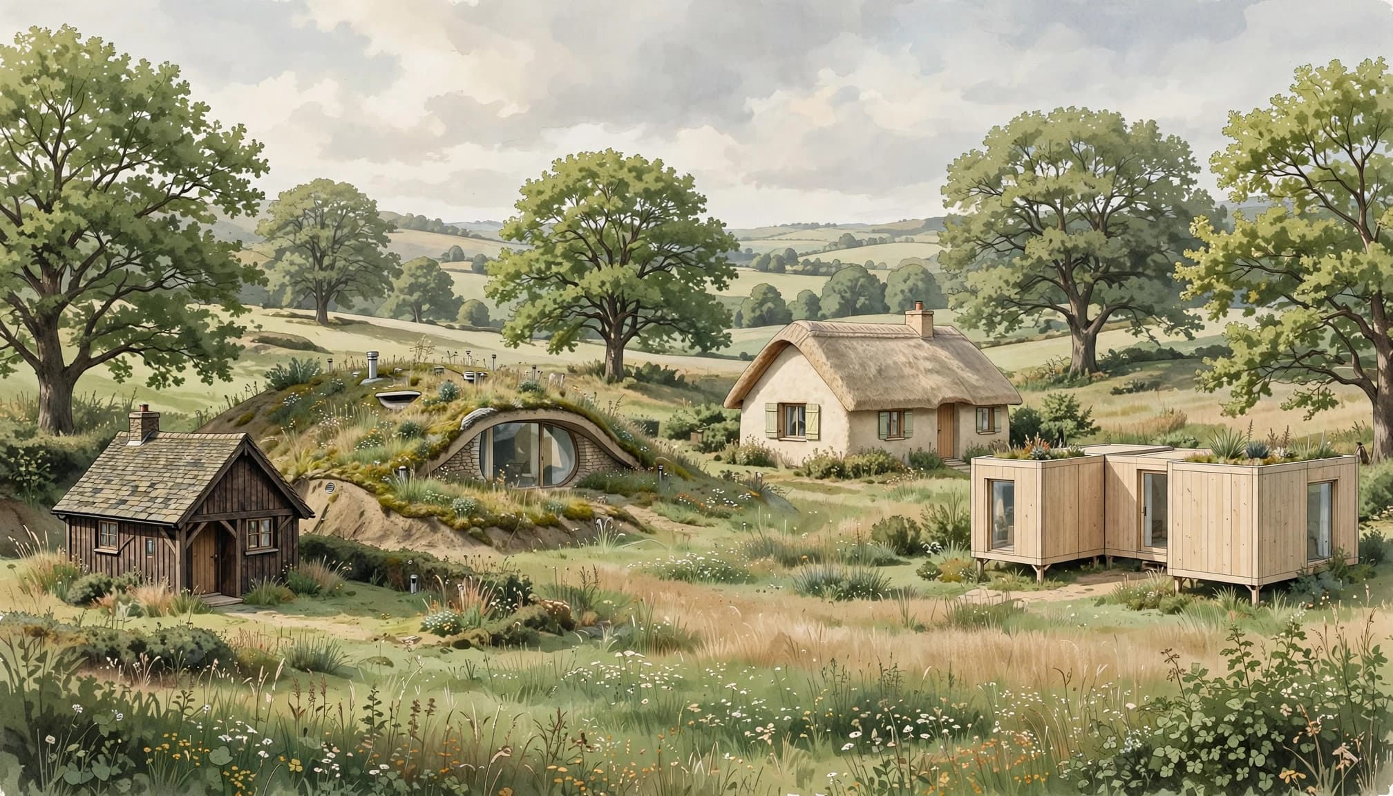 Four different eco-friendly homes sit among trees and grasses on rolling countryside.