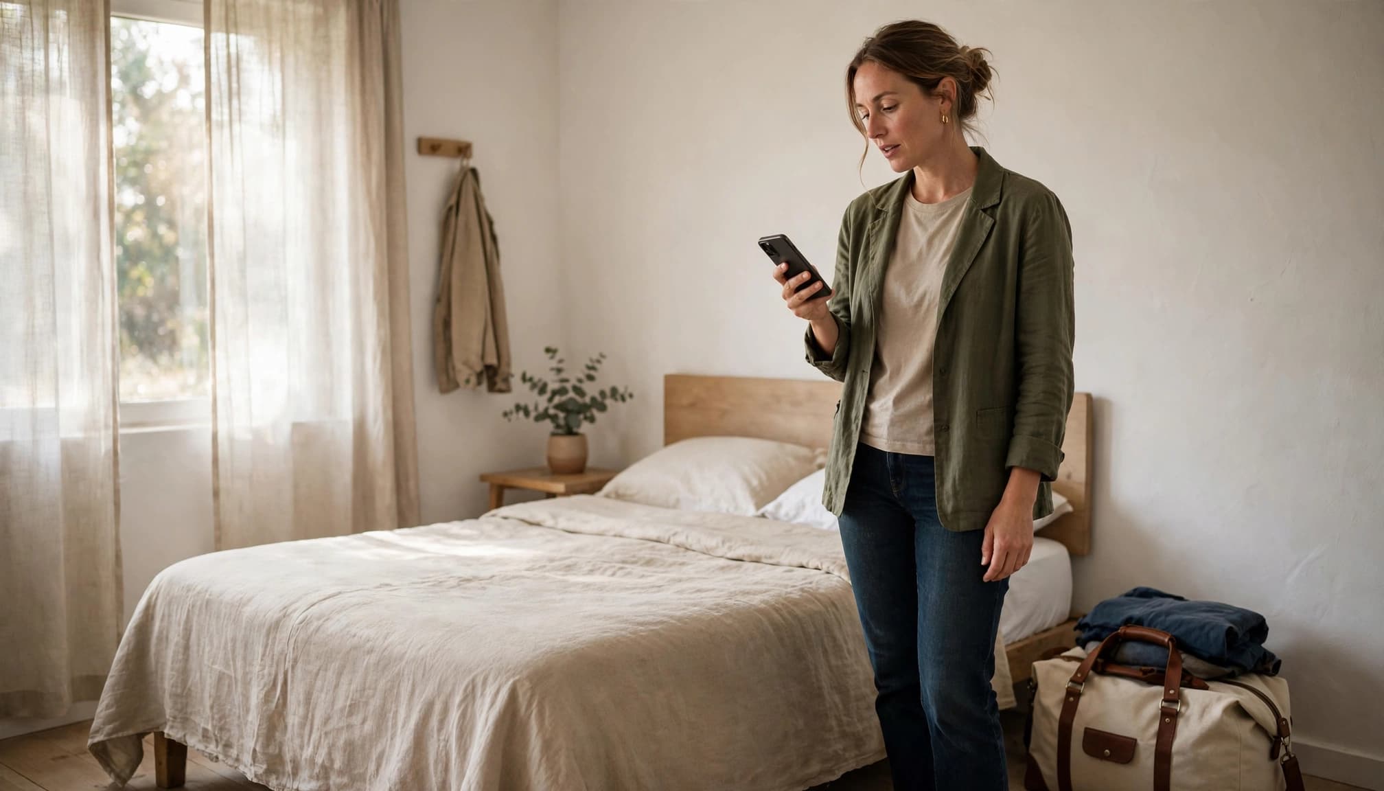 A traveller checks a phone beside an overnight bag in a simple hotel room.