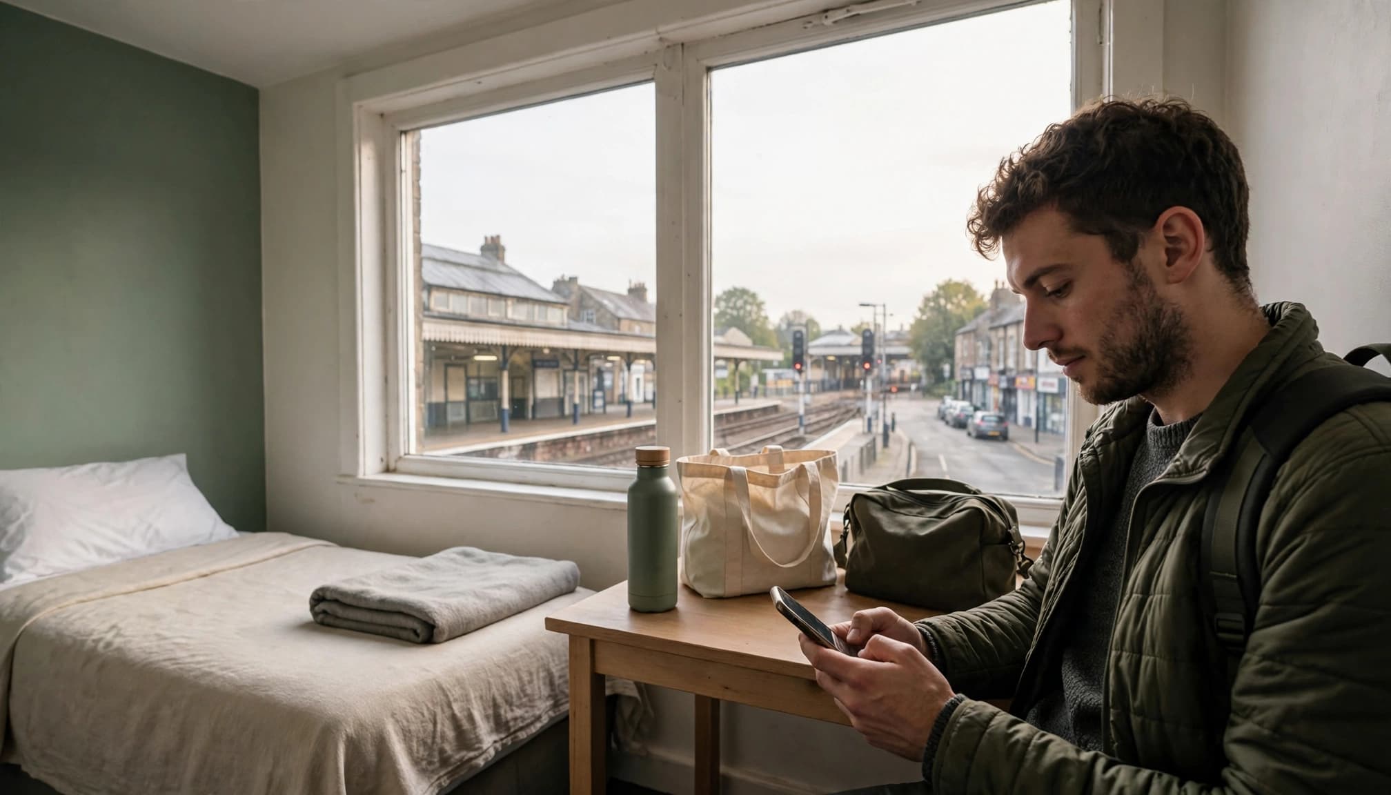 A traveller checks a phone beside an overnight bag in a hotel room with a station outside.