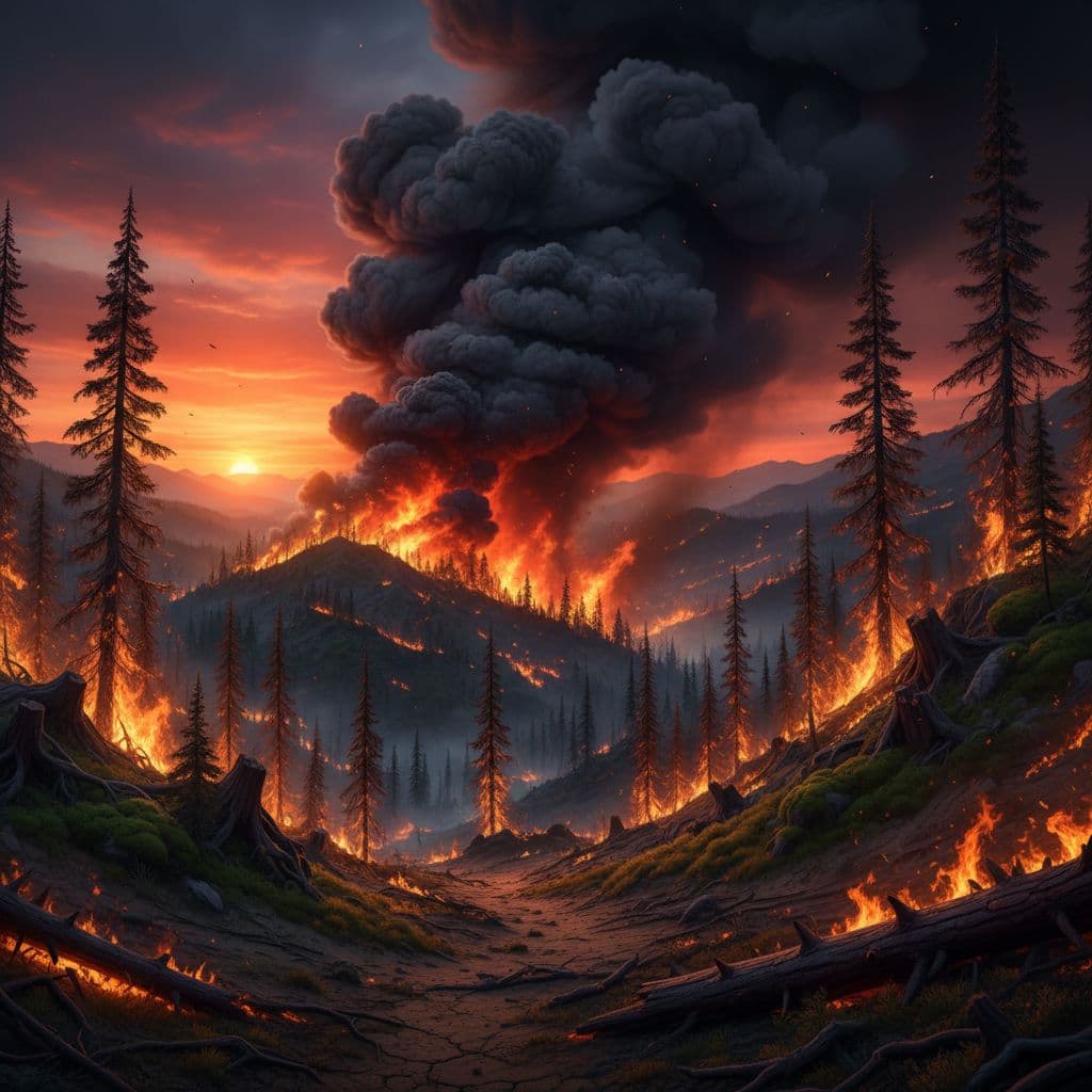 Thick smoke rises from a burning forest into a dramatic sunset sky.
