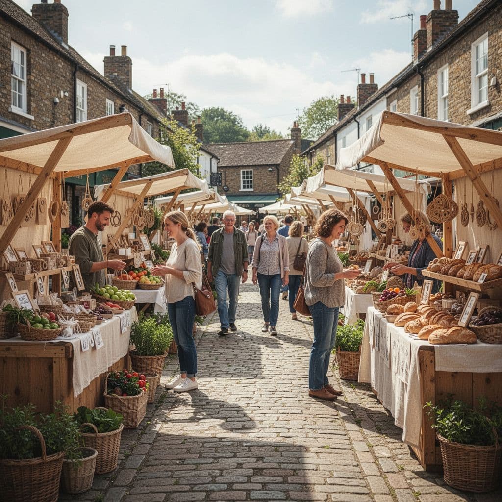 People browse market stalls filled with fresh produce and handmade crafts on a sunny day.