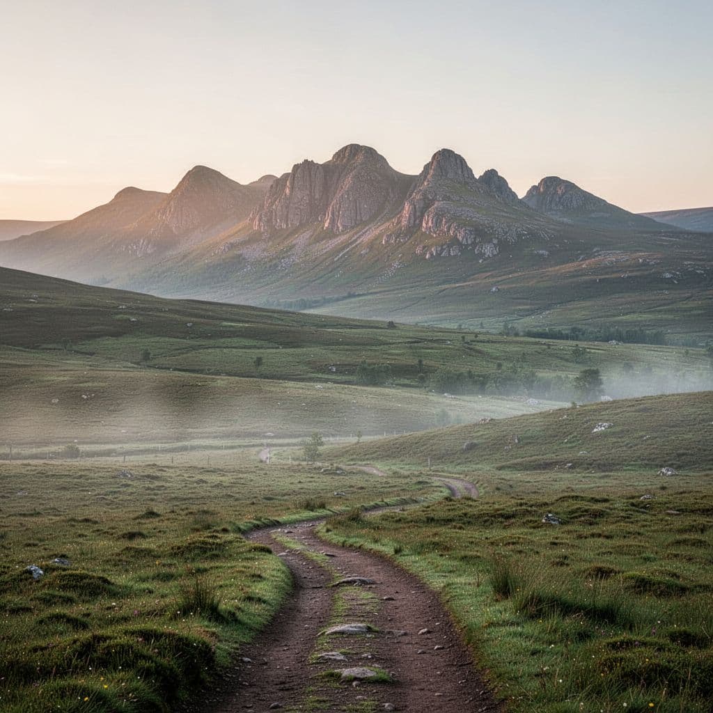 A winding dirt path traverses lush green hills toward distant, mist-covered mountain peaks at sunrise.