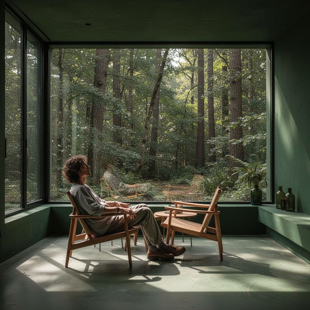 A person sits on a wooden chair in a sunlit room overlooking a dense green forest.