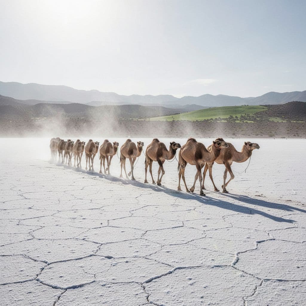 A line of camels travels across the expansive, cracked white surface of a sunlit salt desert.