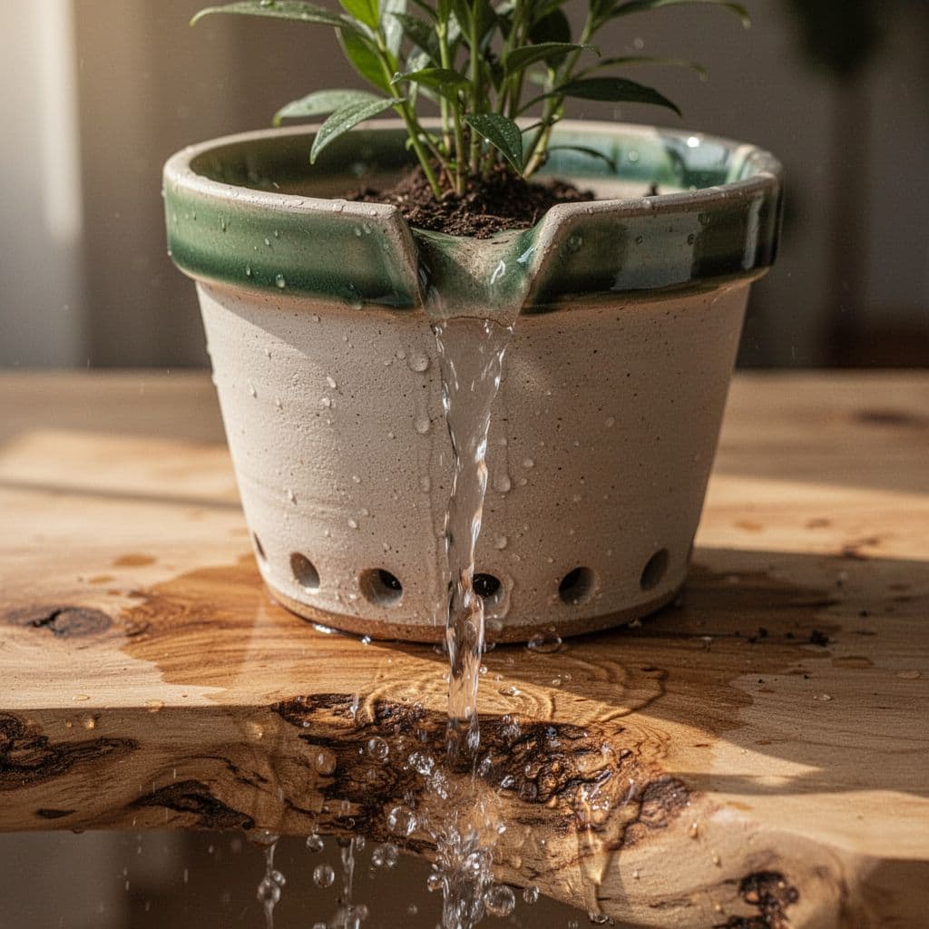 Water flows from the drainage holes at the base of a ceramic plant pot.