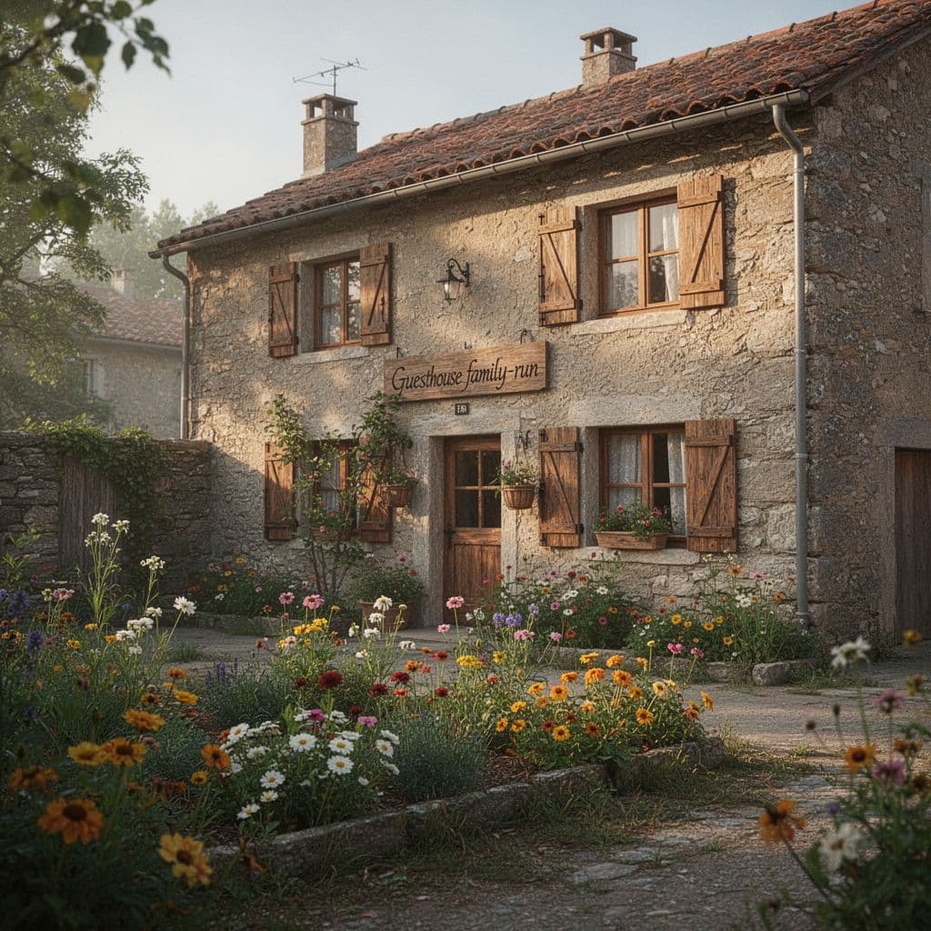 A quaint family-run guesthouse sits behind a lush flower garden in a peaceful village.