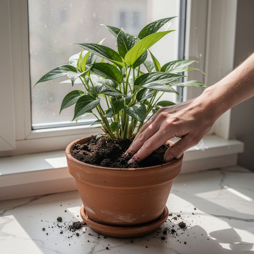 A person's finger gently tests the dampness of soil in a green houseplant pot.