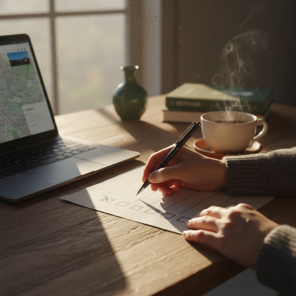 Hands hold a pen and paper checklist at a sunlit wooden desk with a laptop and tea.