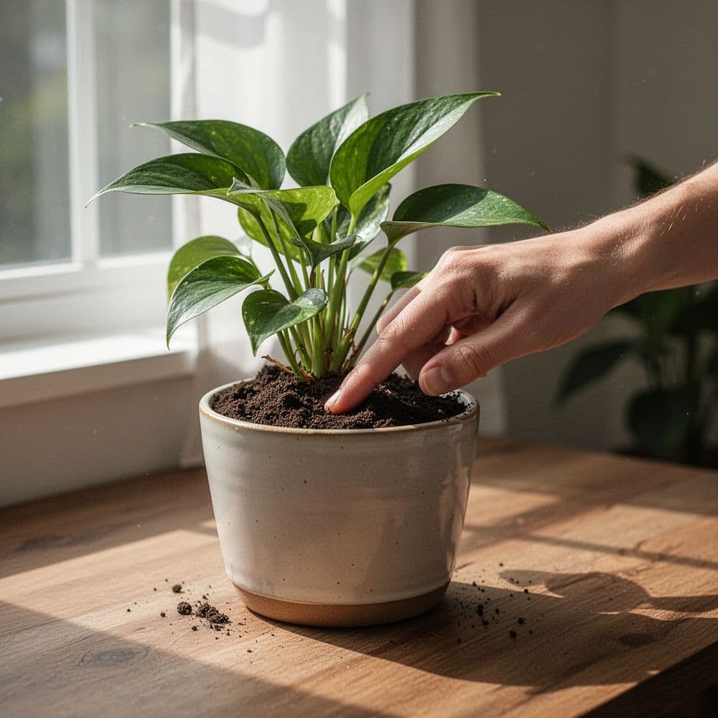 A person tests the moisture levels of soil in a potted plant near a sunlit window.