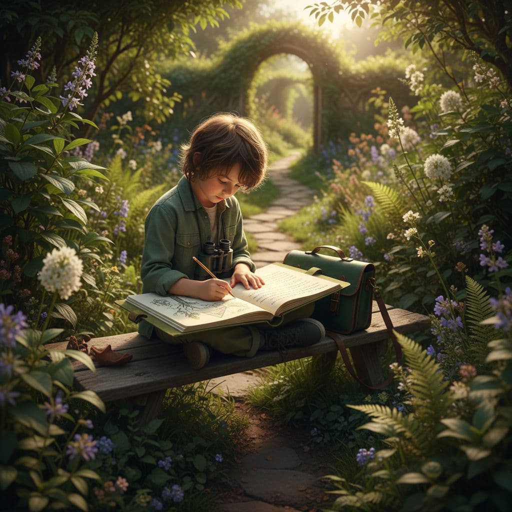 A child sits in a garden, focused on writing in a notebook.