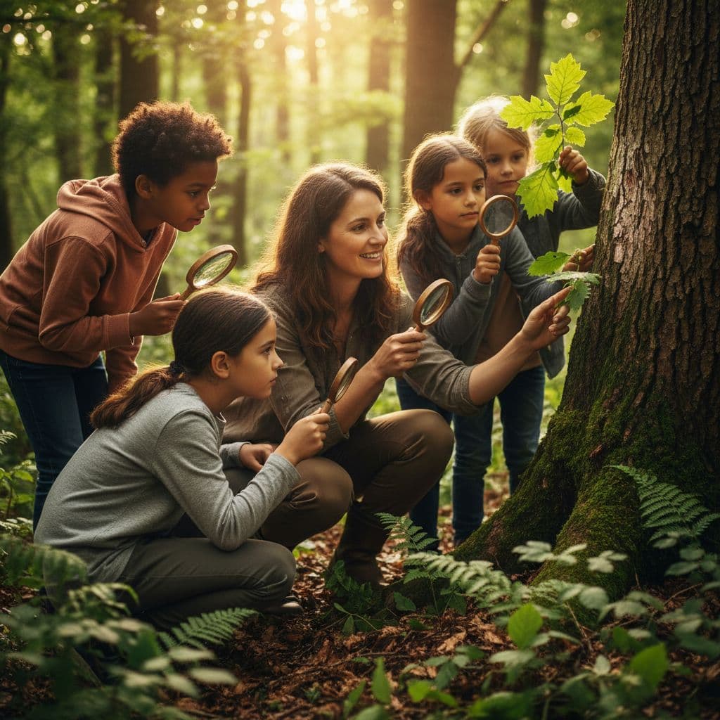 Group of children and teacher look at tree bark and leaves through magnifying glasses in green forest.