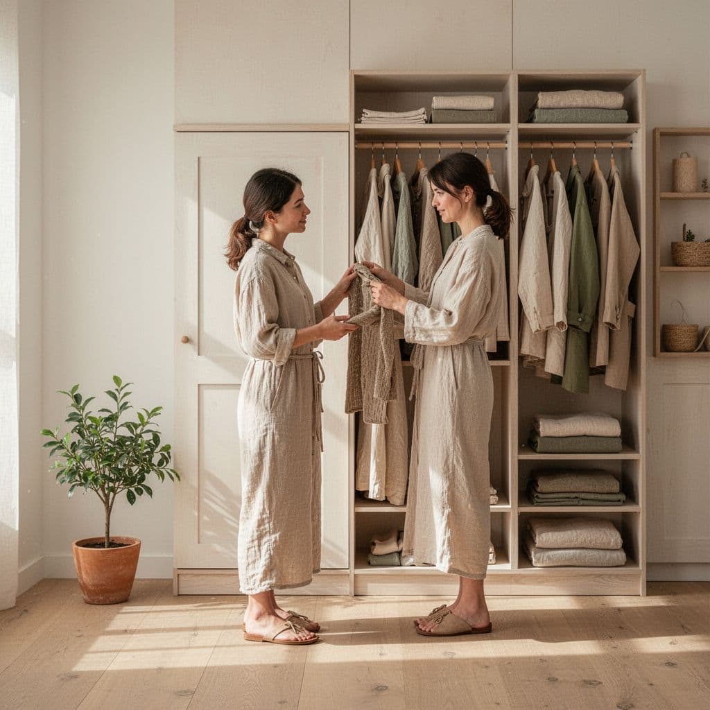 A person carefully selects high-quality, eco-friendly garments from a neatly organized minimalist wardrobe.
