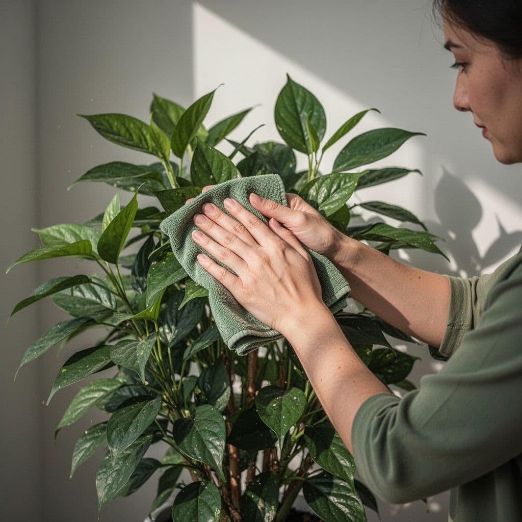 A person carefully wipes dust from green indoor plant leaves using a soft cloth.