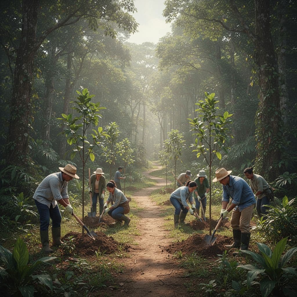 People work together in a lush forest to plant trees and manage natural habitats.