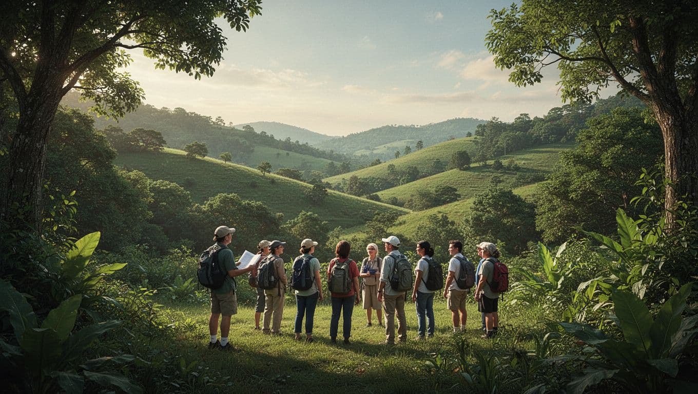 A local guide leads a small group of visitors through a lush, serene natural landscape.