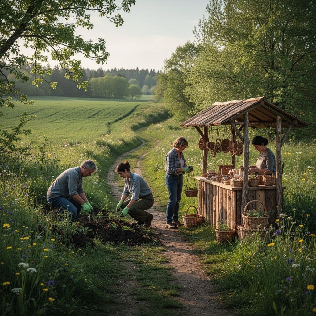 People work together on a green nature trail featuring a small traditional craft stall.