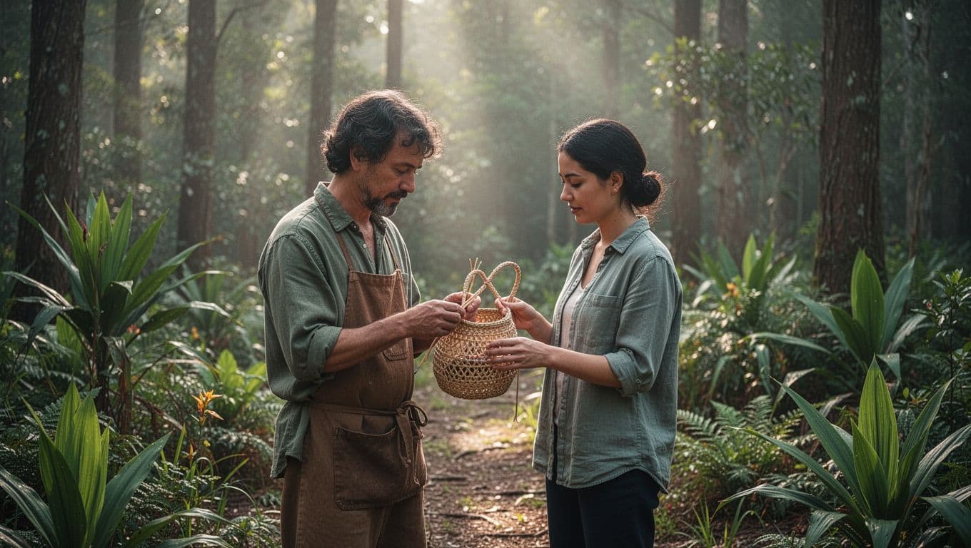 An artisan demonstrates traditional crafts to a visitor in a serene, nature-filled outdoor environment.