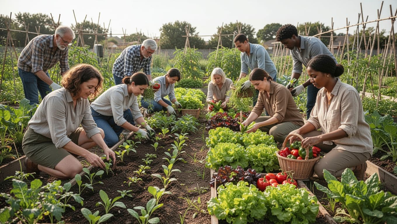 People collaborate in a lush vegetable garden surrounded by greenery and soft natural light.