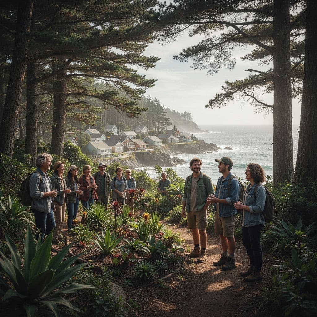 People socialise near a lush native garden where a forest trail meets a small coastal village.