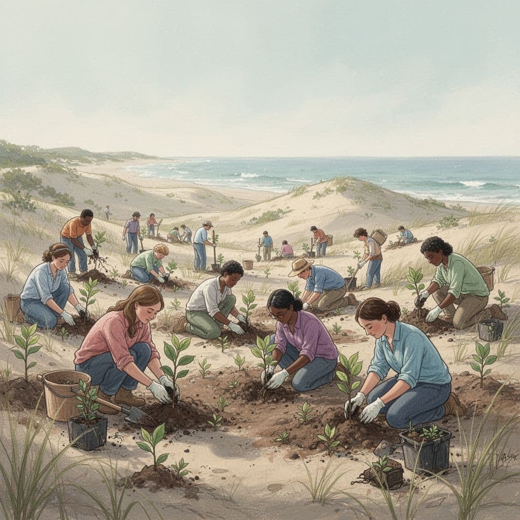 A diverse group of volunteers plants native seedlings along a peaceful coastal dune landscape.