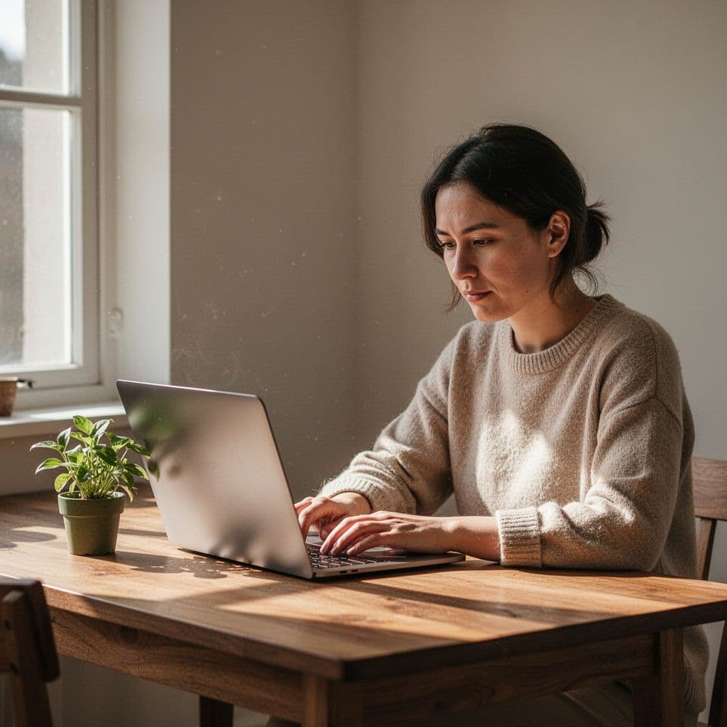 A person uses a laptop at a wooden desk to compare hotel booking options near a plant.