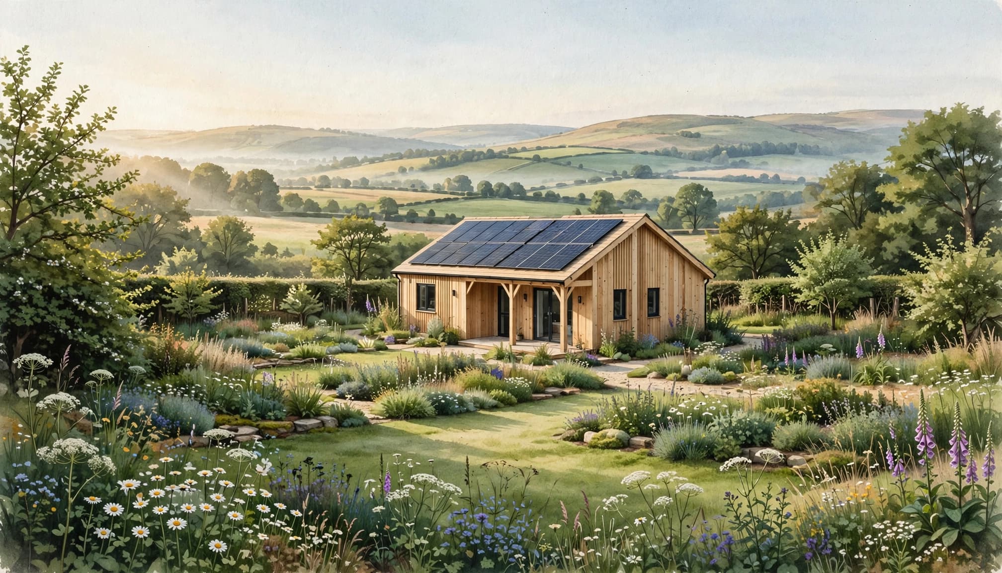 A timber home with solar panels sits among garden plants beside rolling countryside.