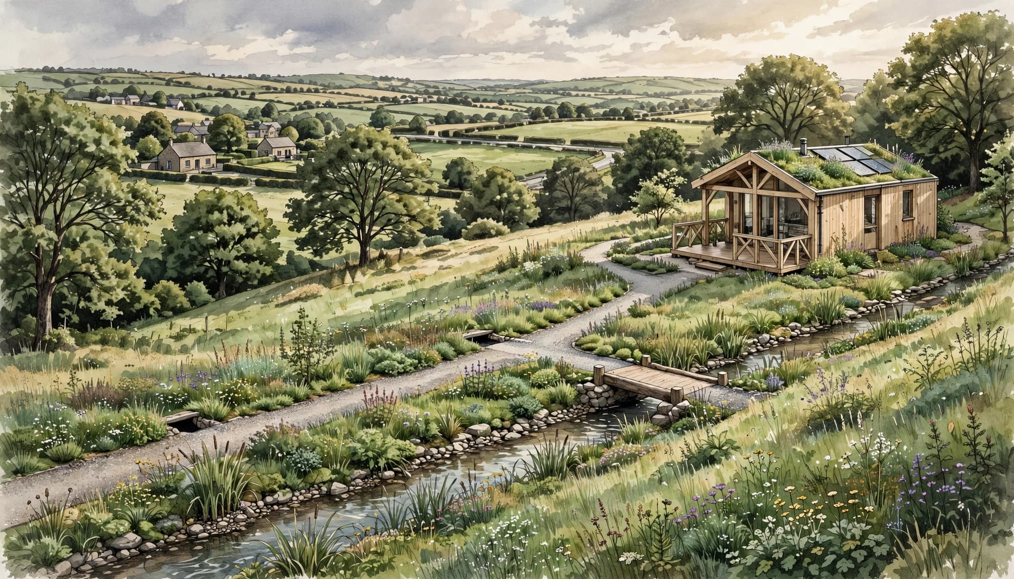 A small timber home beside a sloping garden, drainage swale, mature trees, and country lane.