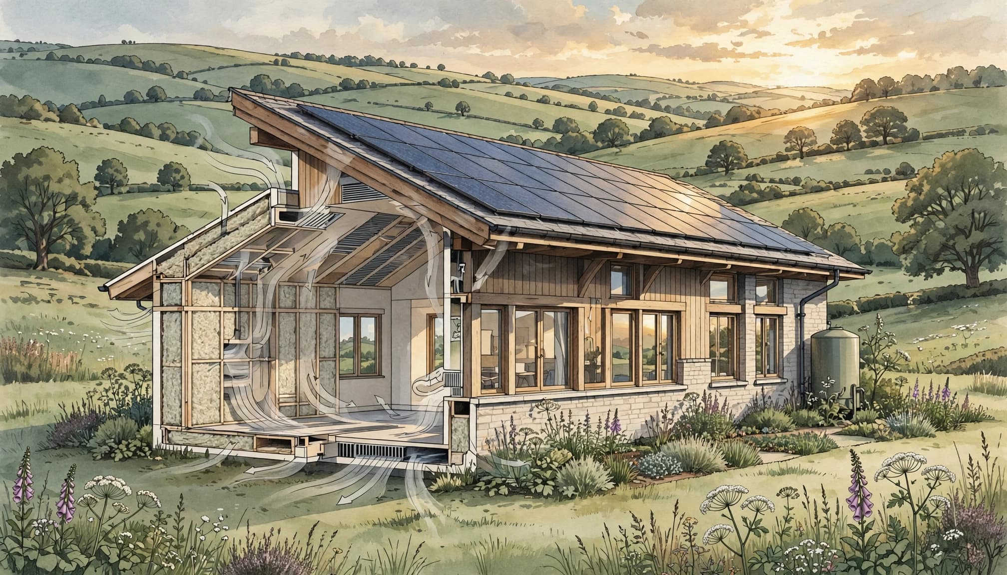 A solar-paneled home with deep eaves, a garden, and a rainwater tank.