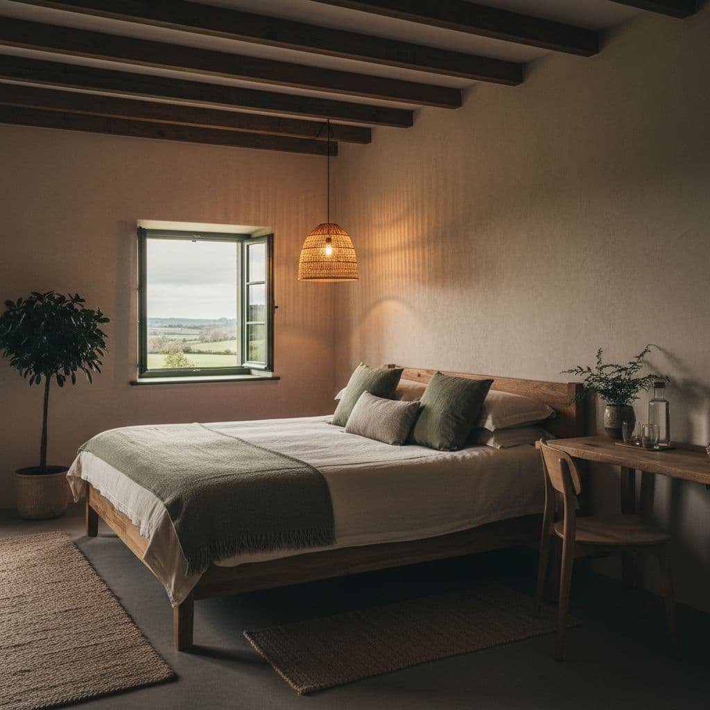 A sunlit eco-friendly bedroom features natural wooden furniture and a scenic view of the English countryside.