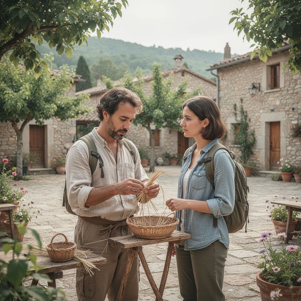 A local artisan demonstrates a traditional craft to a visitor in a peaceful village square.