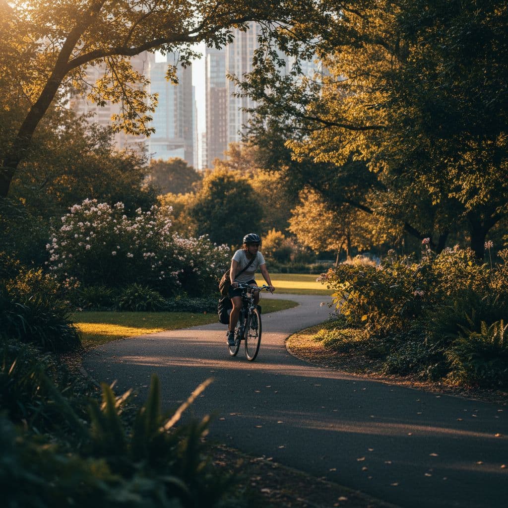 Person cycling on paved path through lush green city park.