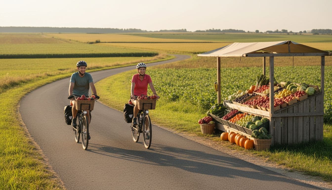 Two travelers on bicycles ride a quiet rural road lined with farm fields and a produce stand.