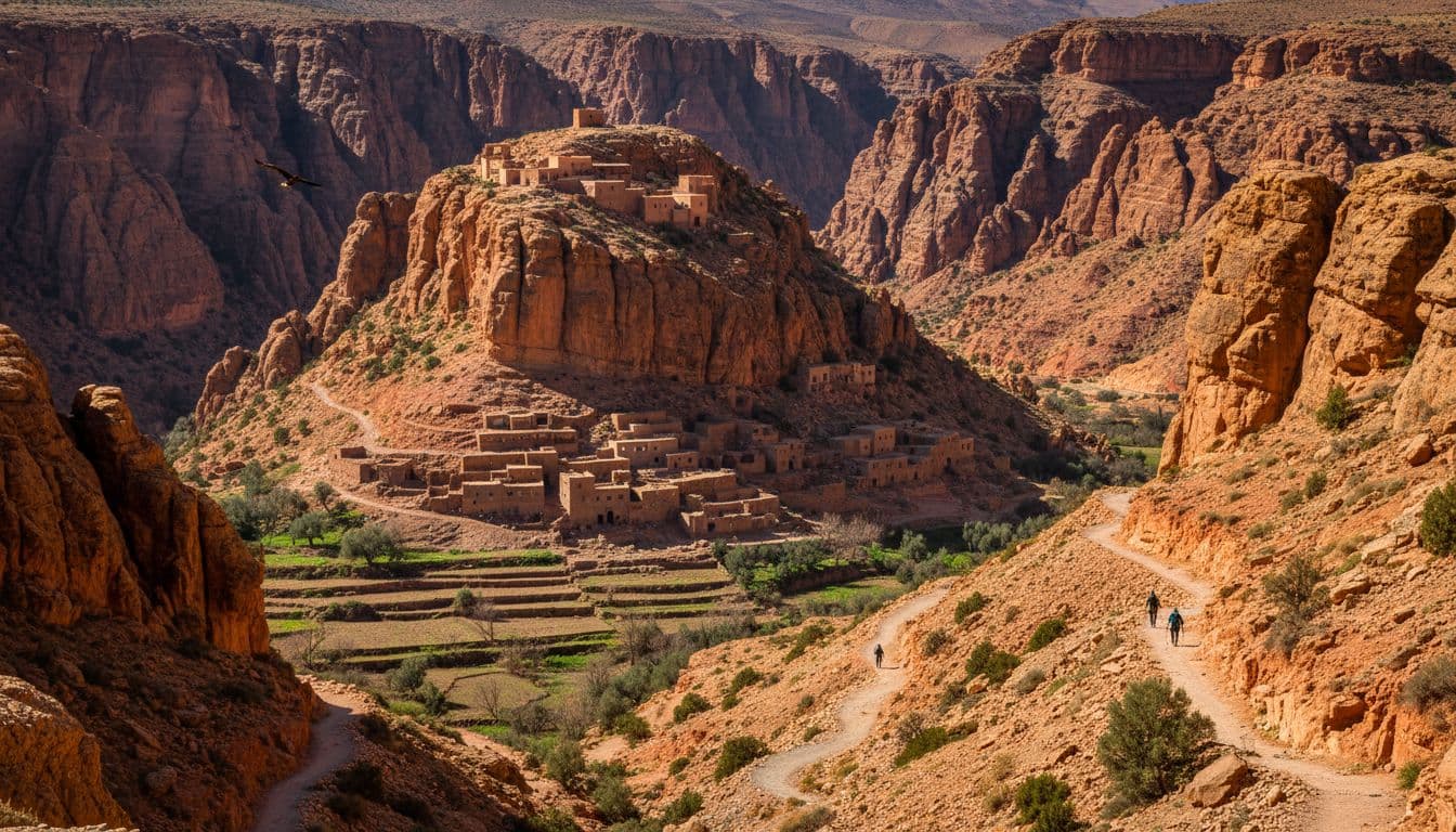 Winding trails through deep Dadès Gorges canyon pass rocky scenery toward distant Berber village with stone houses and terraced fields.
