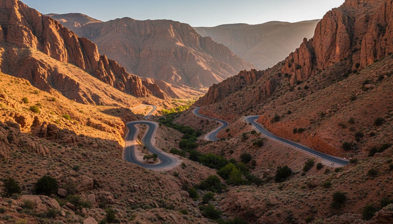 Winding road snakes through towering rock formations in Dades Valley during golden hour.