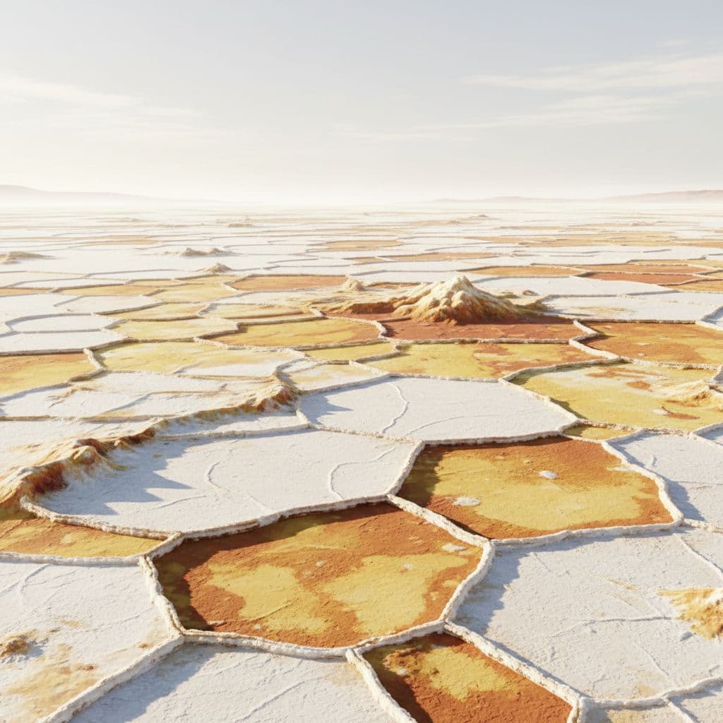 A wide, cracked salt pan stretches toward the horizon under a bright, heat-hazed sun.