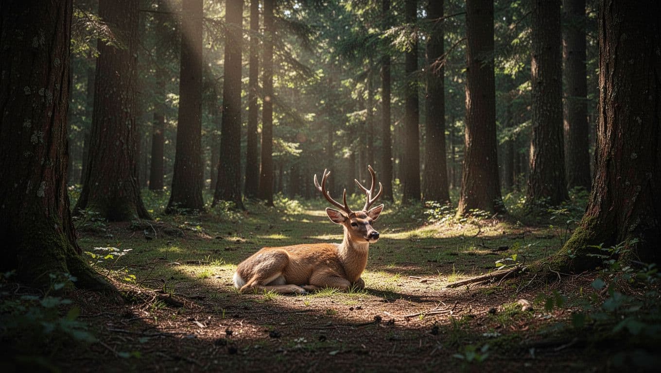 A small deer rests peacefully in a quiet, sunlit forest clearing.