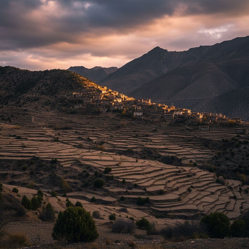 Remote mountain village with bare, treeless hillside and dried-up farming plots.
