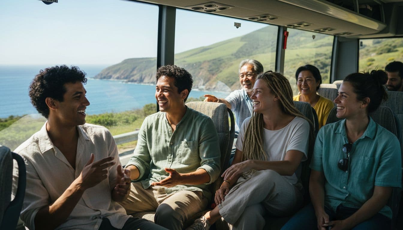 Six diverse tourists sit on sunny coach, chatting with smiles; green hills and ocean visible through windows.