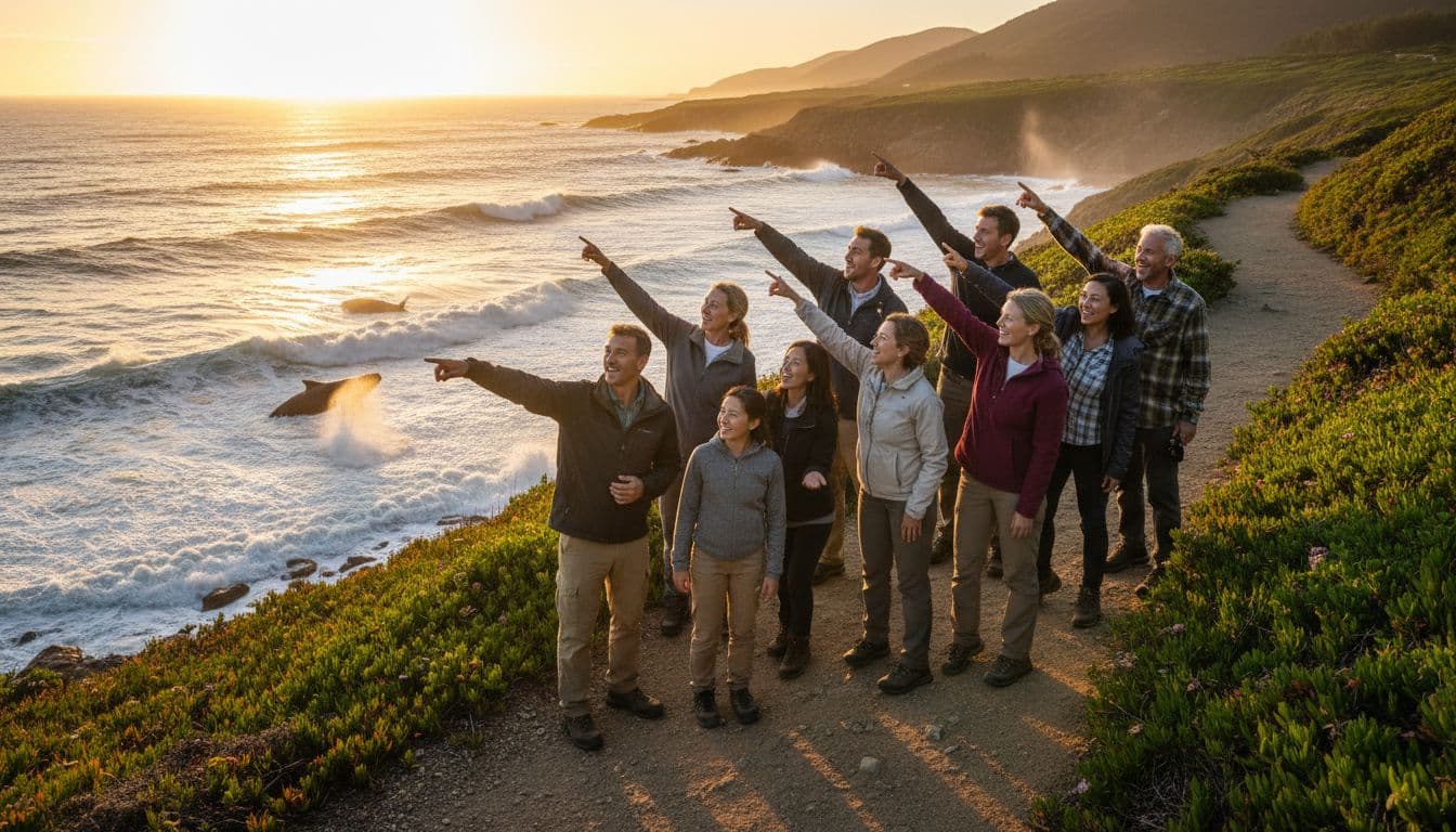 Eight diverse eco-tourists stand on coastal path at sunset, excitedly pointing at whales amid ocean waves and green cliffs.